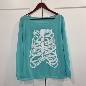 Tobi Women’s Skeleton Print Turquoise Long Sleeve Tee Size Large